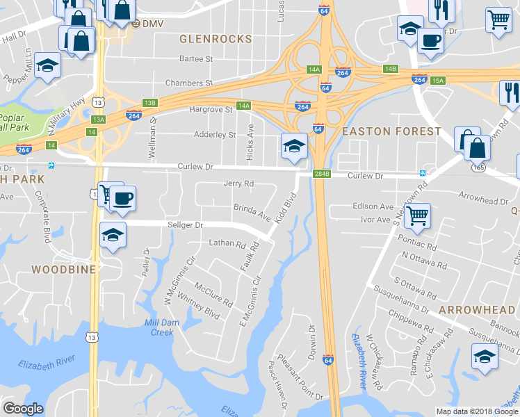 map of restaurants, bars, coffee shops, grocery stores, and more near 5948 Brinda Avenue in Norfolk
