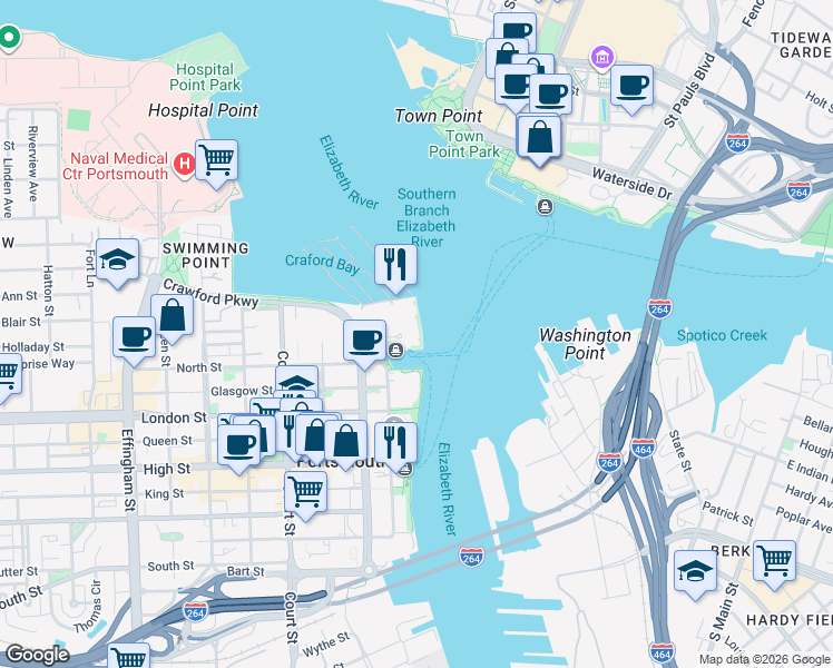 map of restaurants, bars, coffee shops, grocery stores, and more near 1 Harbor Court in Portsmouth