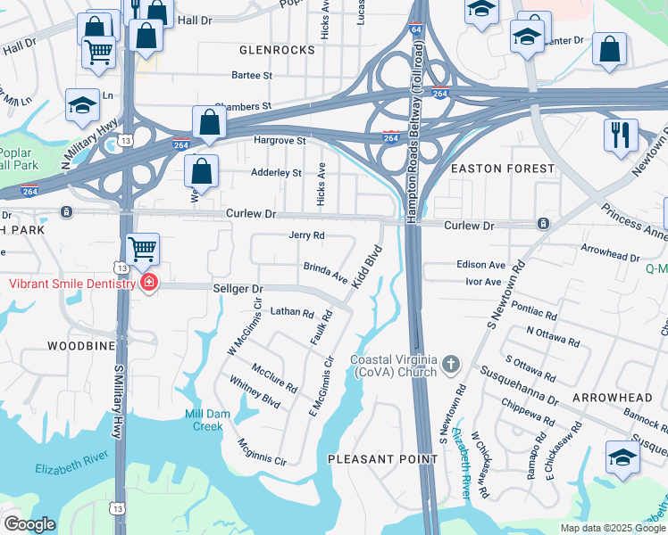 map of restaurants, bars, coffee shops, grocery stores, and more near 5948 Brinda Avenue in Norfolk