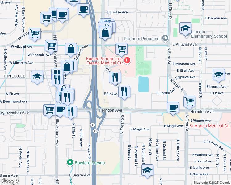 map of restaurants, bars, coffee shops, grocery stores, and more near 7119 North Fresno Street in Fresno