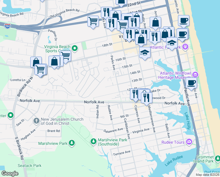 map of restaurants, bars, coffee shops, grocery stores, and more near 819 13th Street in Virginia Beach