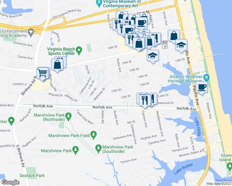 map of restaurants, bars, coffee shops, grocery stores, and more near 826 13th Street in Virginia Beach