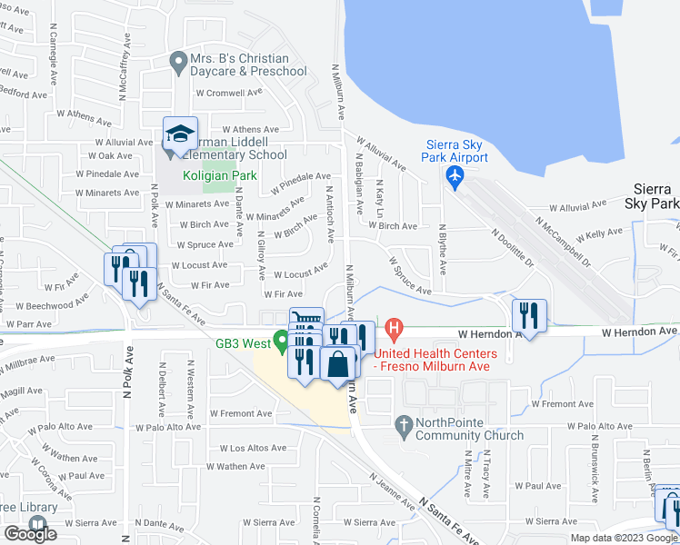 map of restaurants, bars, coffee shops, grocery stores, and more near 7127 North Antioch Avenue in Fresno