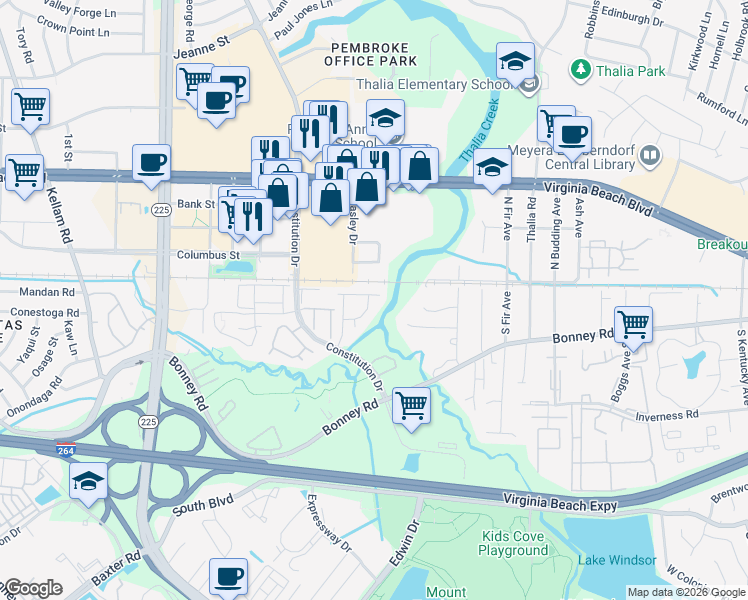 map of restaurants, bars, coffee shops, grocery stores, and more near 4415 Segovia Court in Virginia Beach