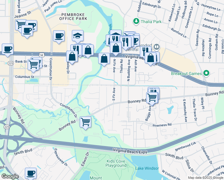 map of restaurants, bars, coffee shops, grocery stores, and more near 107 South Fir Avenue in Virginia Beach