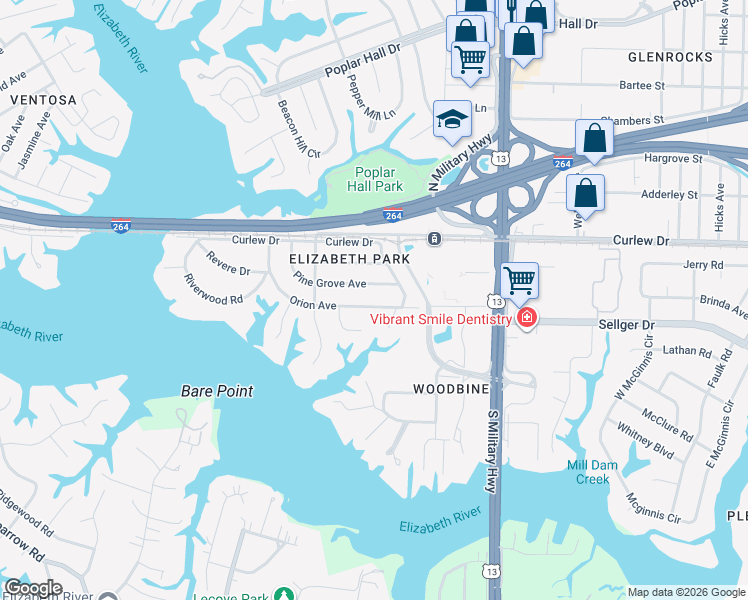 map of restaurants, bars, coffee shops, grocery stores, and more near 5470 Pine Grove Avenue in Norfolk