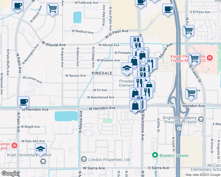 map of restaurants, bars, coffee shops, grocery stores, and more near 7111 North San Pablo Avenue in Fresno