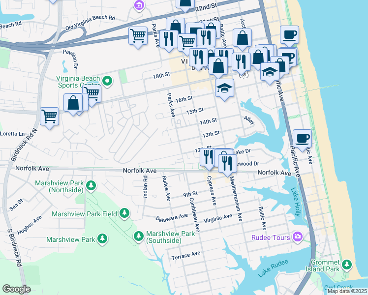 map of restaurants, bars, coffee shops, grocery stores, and more near 1209 Parks Avenue in Virginia Beach