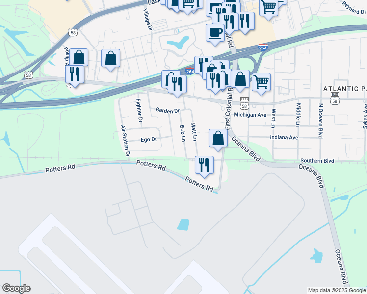 map of restaurants, bars, coffee shops, grocery stores, and more near 133 Matt Lane in Virginia Beach