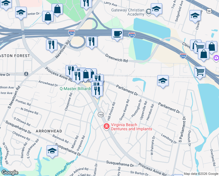 map of restaurants, bars, coffee shops, grocery stores, and more near 5524 Parliament Drive in Virginia Beach