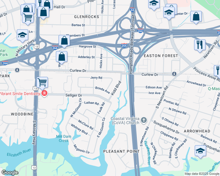map of restaurants, bars, coffee shops, grocery stores, and more near 120 Effie Avenue in Norfolk