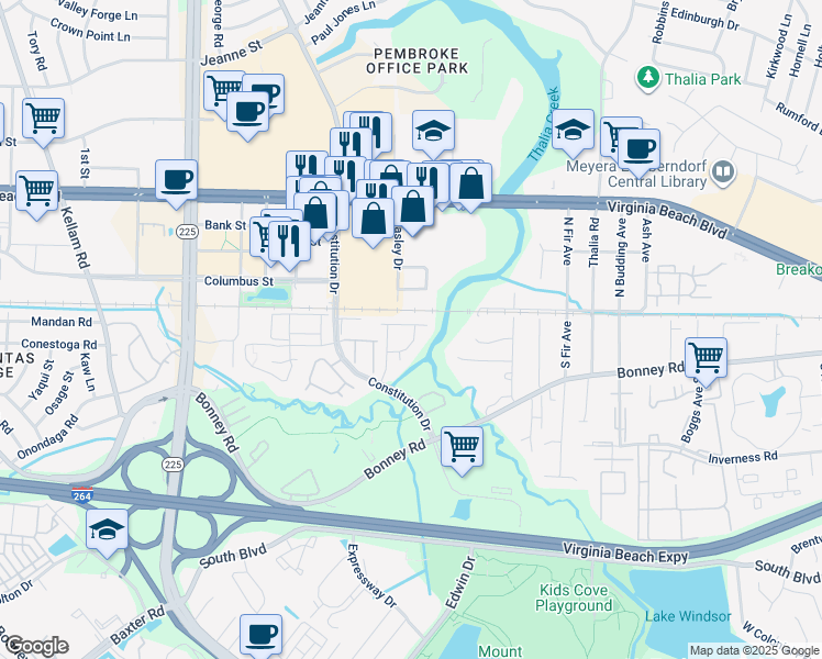 map of restaurants, bars, coffee shops, grocery stores, and more near 109 Seaside Lane in Virginia Beach