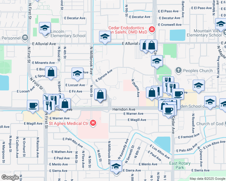 map of restaurants, bars, coffee shops, grocery stores, and more near 1105 East Spruce Avenue in Fresno