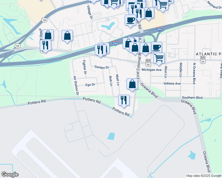 map of restaurants, bars, coffee shops, grocery stores, and more near 133 Matt Lane in Virginia Beach