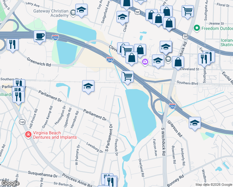 map of restaurants, bars, coffee shops, grocery stores, and more near 5305 Academy Road in Virginia Beach