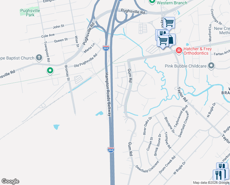 map of restaurants, bars, coffee shops, grocery stores, and more near 4621 Hunting Wood Road in Chesapeake