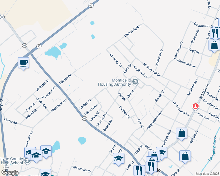 map of restaurants, bars, coffee shops, grocery stores, and more near 54 Stokes Court in Monticello