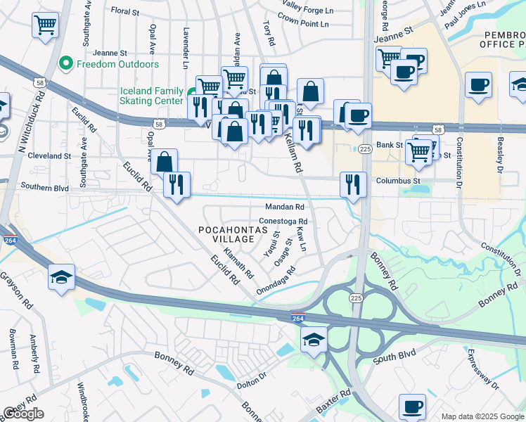 map of restaurants, bars, coffee shops, grocery stores, and more near 4845 Mandan Road in Virginia Beach
