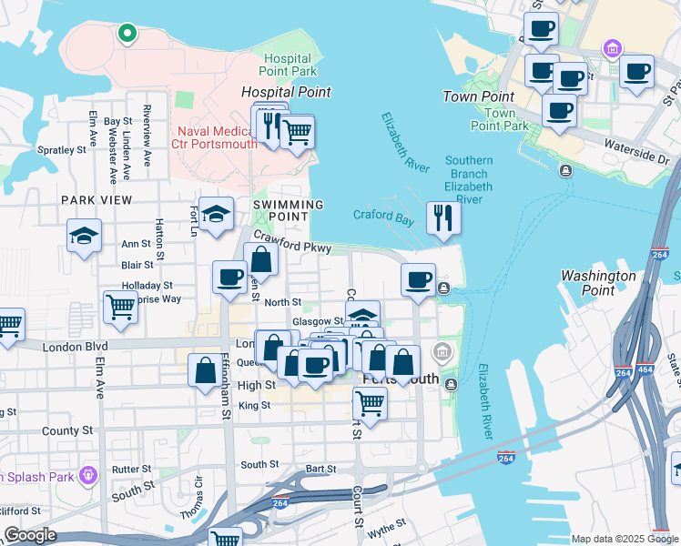 map of restaurants, bars, coffee shops, grocery stores, and more near 320 Court Street in Portsmouth