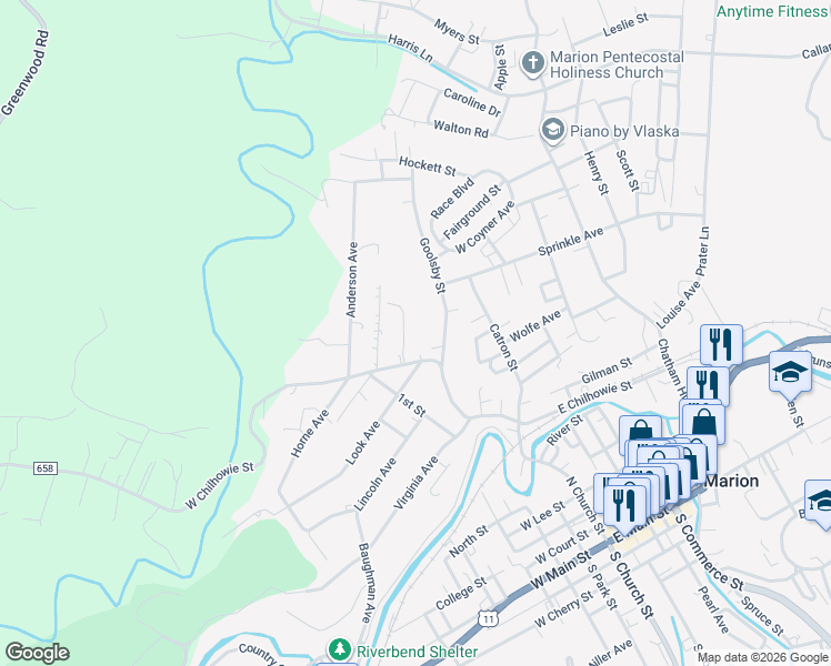 map of restaurants, bars, coffee shops, grocery stores, and more near 1001 Marion Manor Drive in Marion