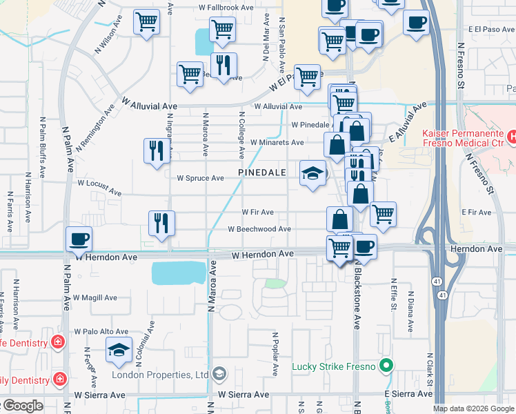 map of restaurants, bars, coffee shops, grocery stores, and more near 247 West Locust Avenue in Fresno