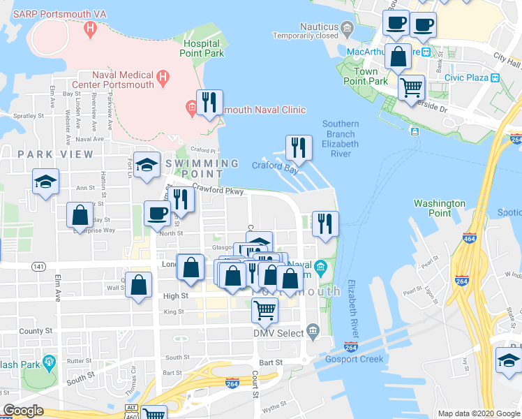 map of restaurants, bars, coffee shops, grocery stores, and more near 135 Crawford Parkway in Portsmouth