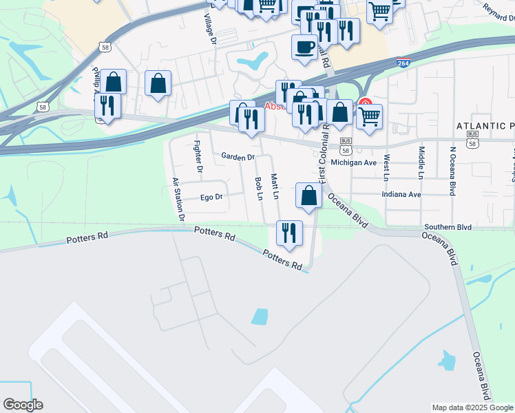 map of restaurants, bars, coffee shops, grocery stores, and more near 115 Bob Lane in Virginia Beach