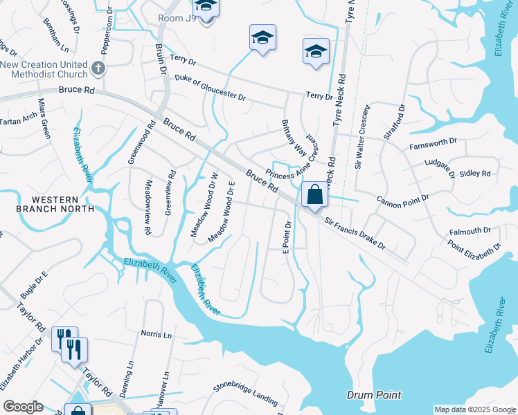 map of restaurants, bars, coffee shops, grocery stores, and more near 2904 Meadow Forest Road in Chesapeake