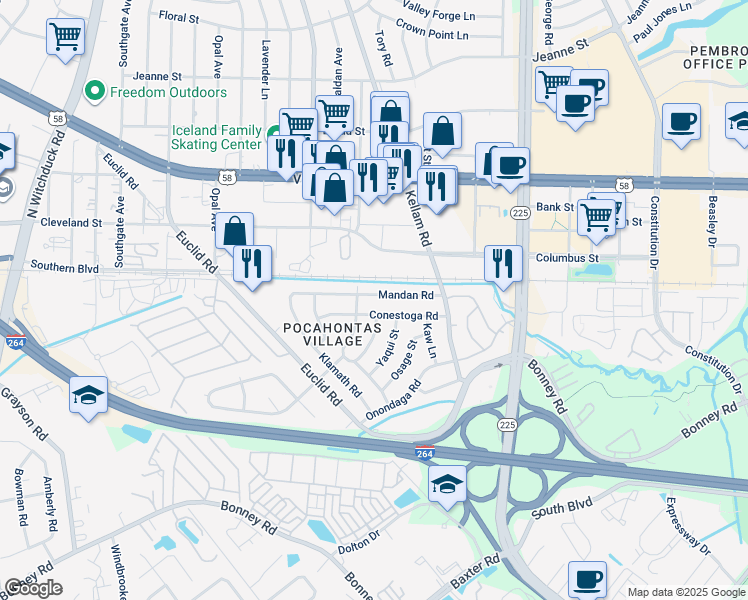 map of restaurants, bars, coffee shops, grocery stores, and more near 4845 Mandan Road in Virginia Beach