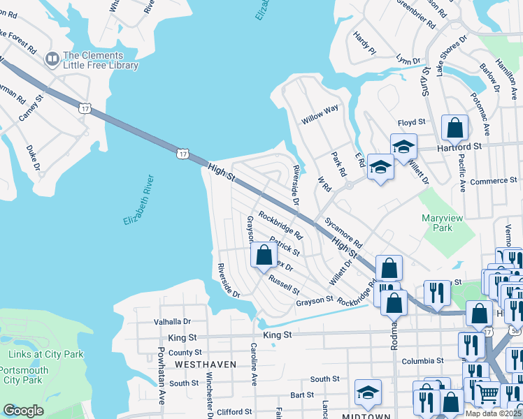 map of restaurants, bars, coffee shops, grocery stores, and more near 528 Rockbridge Road in Portsmouth