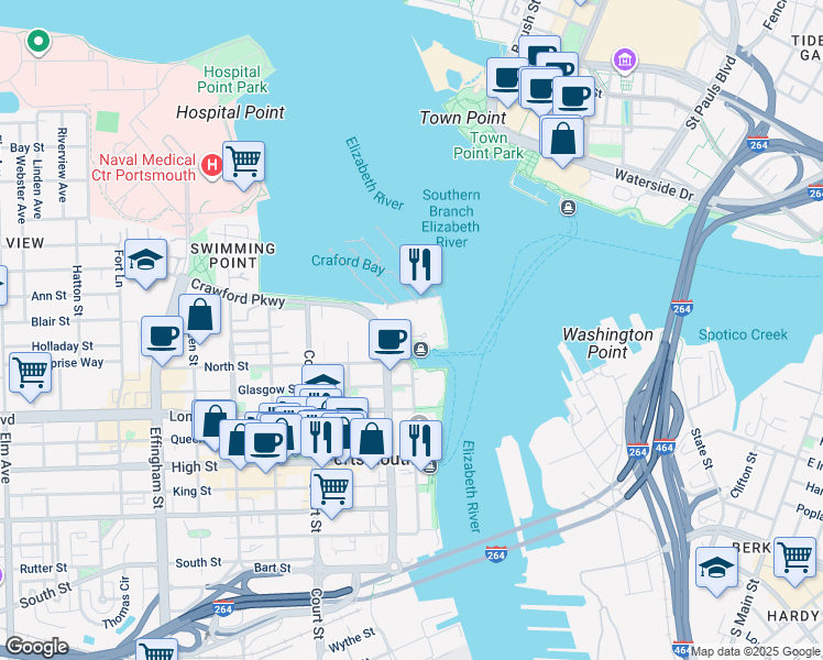 map of restaurants, bars, coffee shops, grocery stores, and more near 2 Harbor Court in Portsmouth