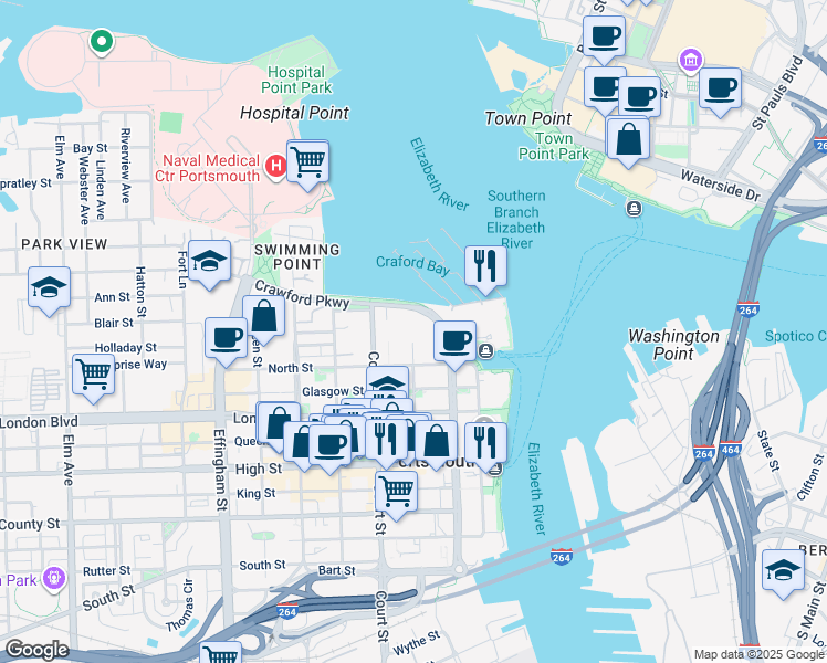 map of restaurants, bars, coffee shops, grocery stores, and more near 1005 Crawford Parkway in Portsmouth
