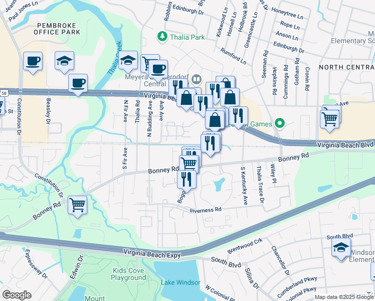 map of restaurants, bars, coffee shops, grocery stores, and more near 104 Boggs Avenue South in Virginia Beach