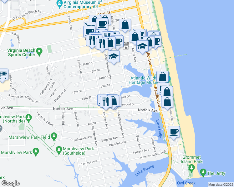 map of restaurants, bars, coffee shops, grocery stores, and more near 1107 Mediterranean Avenue in Virginia Beach