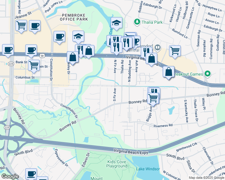 map of restaurants, bars, coffee shops, grocery stores, and more near 107 South Fir Avenue in Virginia Beach