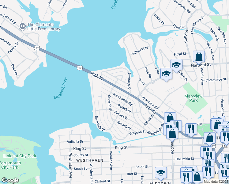 map of restaurants, bars, coffee shops, grocery stores, and more near 528 Rockbridge Road in Portsmouth