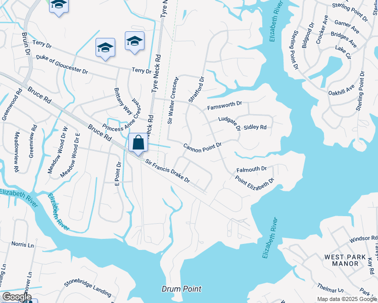 map of restaurants, bars, coffee shops, grocery stores, and more near 3821 Cannon Point Drive in Chesapeake