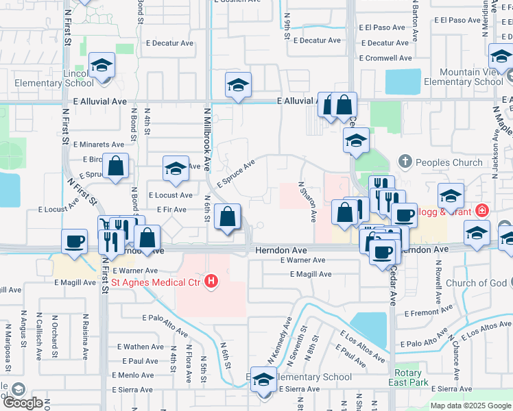 map of restaurants, bars, coffee shops, grocery stores, and more near 1105 East Spruce Avenue in Fresno