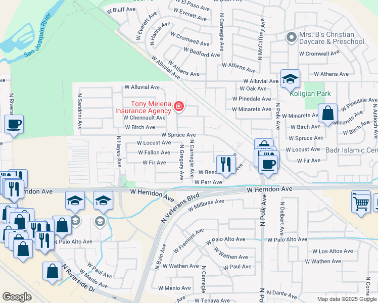 map of restaurants, bars, coffee shops, grocery stores, and more near 7163 North Carnegie Avenue in Fresno
