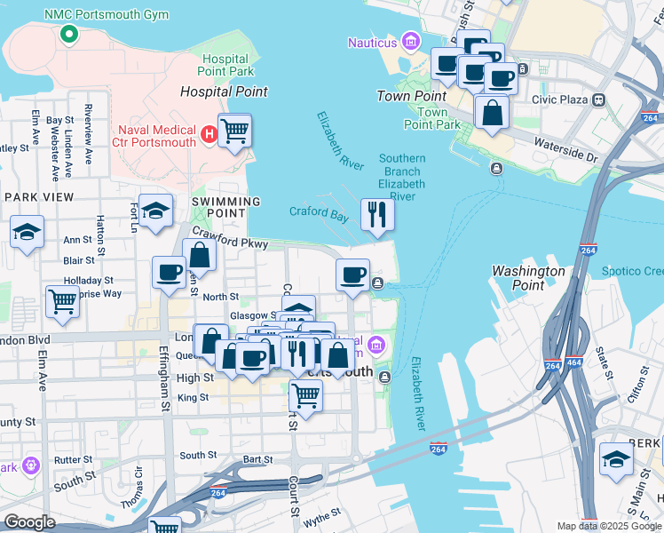 map of restaurants, bars, coffee shops, grocery stores, and more near 1 Crawford Parkway in Portsmouth
