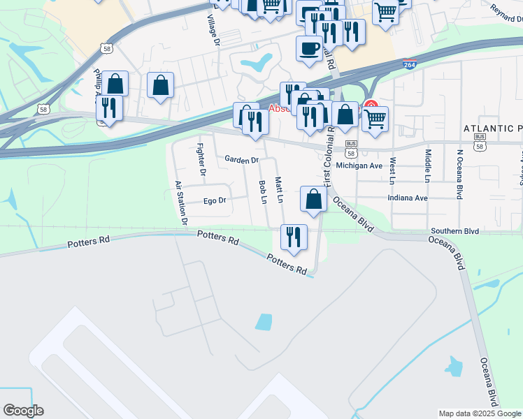 map of restaurants, bars, coffee shops, grocery stores, and more near 115 Bob Lane in Virginia Beach