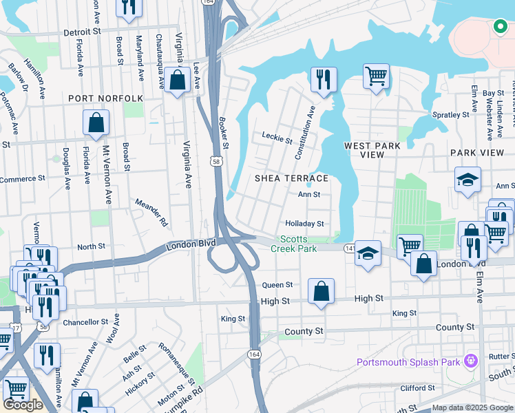 map of restaurants, bars, coffee shops, grocery stores, and more near 303 Sandpiper Drive in Portsmouth