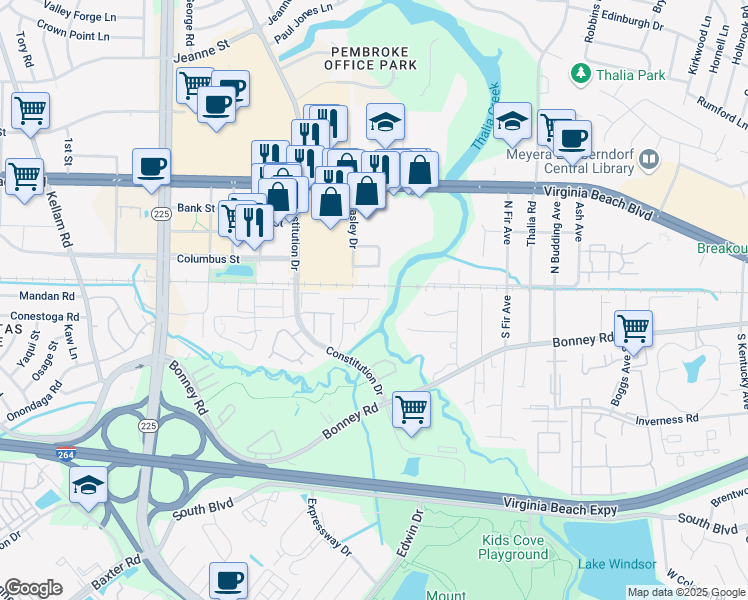 map of restaurants, bars, coffee shops, grocery stores, and more near 4415 Segovia Court in Virginia Beach