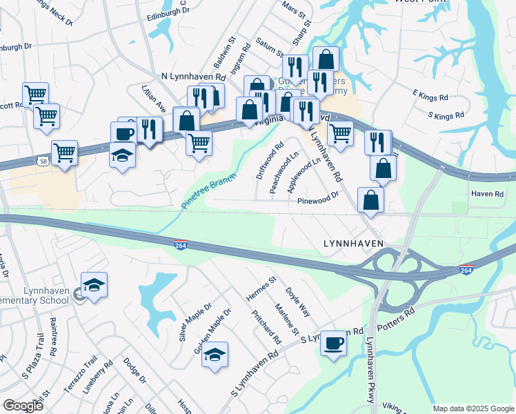 map of restaurants, bars, coffee shops, grocery stores, and more near 201 Peachwood Lane in Virginia Beach