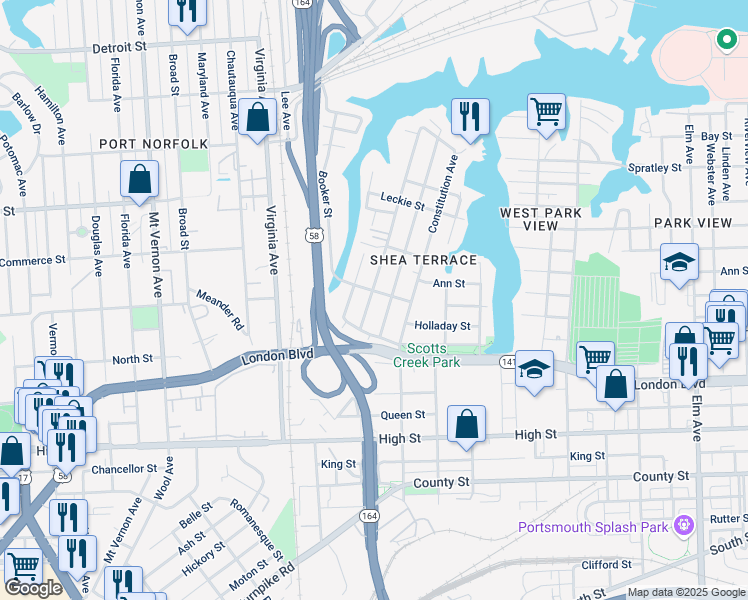 map of restaurants, bars, coffee shops, grocery stores, and more near 303 Sandpiper Drive in Portsmouth