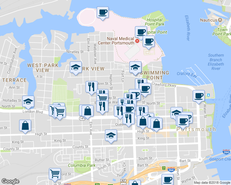 map of restaurants, bars, coffee shops, grocery stores, and more near 935 Blair Street in Portsmouth
