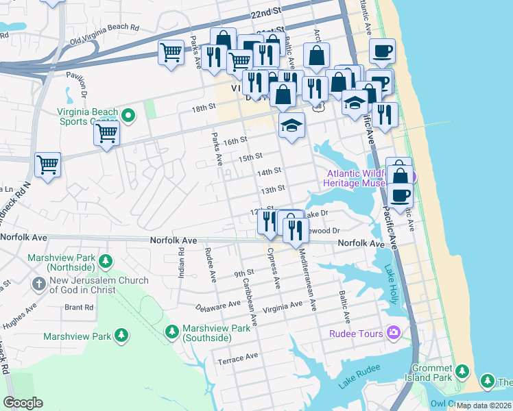 map of restaurants, bars, coffee shops, grocery stores, and more near in Virginia Beach
