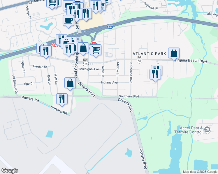 map of restaurants, bars, coffee shops, grocery stores, and more near 1577 Indiana Avenue in Virginia Beach