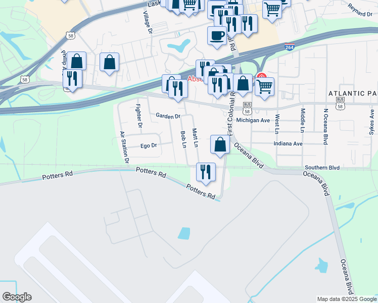 map of restaurants, bars, coffee shops, grocery stores, and more near 116 Bob Lane in Virginia Beach