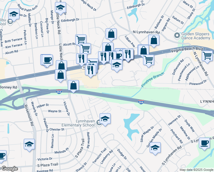 map of restaurants, bars, coffee shops, grocery stores, and more near 3509 Tupelo Trail in Virginia Beach